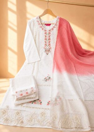 Premium Ivory White Floral Embroidered 3-Piece Kurta Set-HIFI120