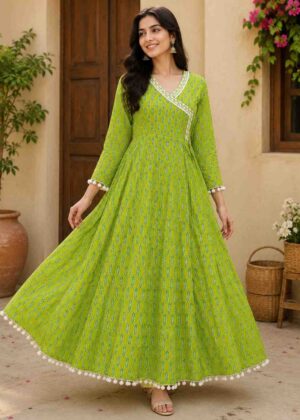 Green Cross Neck Jaipuri Cotton Umbrella Top-HIFI48