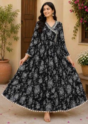 Black Cross Neck Jaipuri Cotton Umbrella Top-HIFI49