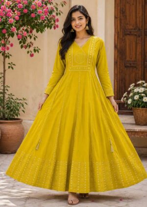 Yellow V-Neck Mul Cotton Umbrella Top-HIFI51