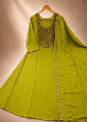Green Embroidered Umbrella Kurti with Dupatta-HIFI117