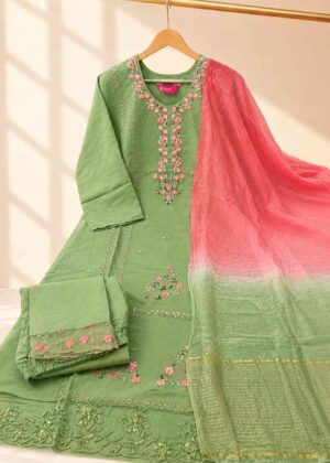 Premium Green Floral Embroidered 3-Piece Kurta Set-HIFI121