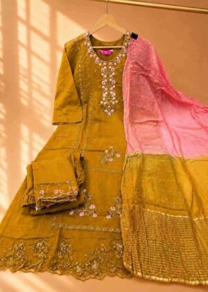 Premium Mustard Floral Embroidered 3-Piece Kurta Set-HIFI123