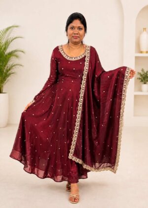 Premium Maroon Space Silk Embroidered Anarkali with Dupatta-HIFI117