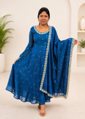 Premium Teal Blue Space Silk Embroidered Anarkali with Dupatta-HIFI119