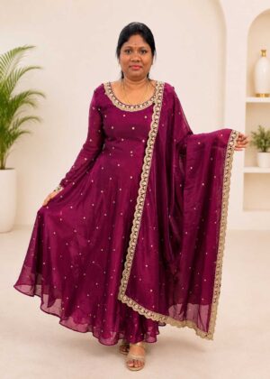 Premium Wine Space Silk Embroidered Anarkali with Dupatta-HIFI118