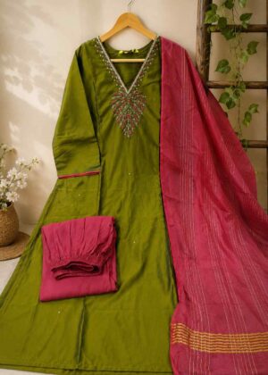 Festive Olive Green Taffeta Silk V-Neck Kurti - Pant & Dupatta Set-HIFI125