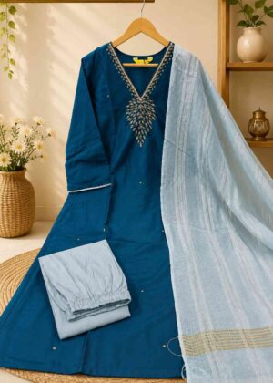 Festive Peacock Blue Taffeta Silk V-Neck Kurti - Pant & Dupatta Set-HIFI127