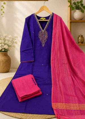 Festive Violet Taffeta Silk V-Neck Kurti - Pant & Dupatta Set-HIFI126