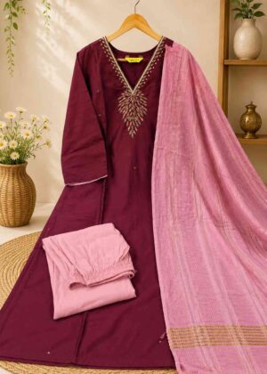 Festive Wine Taffeta Silk V-Neck Kurti - Pant & Dupatta Set-HIFI124