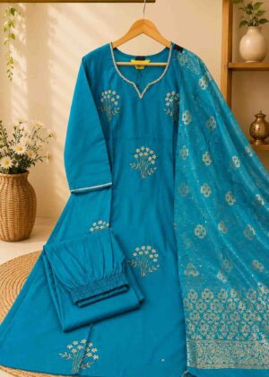 Elegant Blue Roman Silk Kurti Pant & Banarasi Dupatta Set-HIFI130