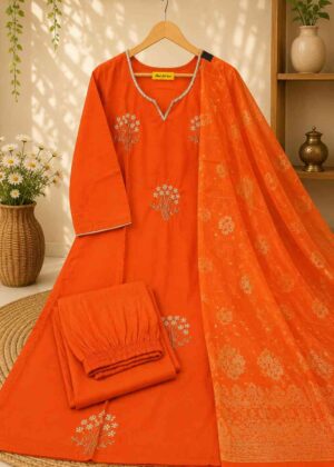Elegant Orange Roman Silk Kurti Pant & Banarasi Dupatta Set-HIFI128