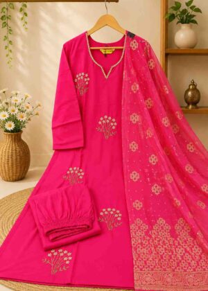 Elegant Pink Roman Silk Kurti Pant & Banarasi Dupatta Set-HIFI131