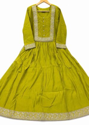 Premium Mulchanderi Long Umbrella Kurti with Heavy Embroidered Border | Ethnic Party Wear-HIFI263