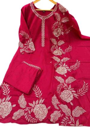 Premium Vichithra Silk 3 Piece Embroidered Kurti Set Pink-HIFI218
