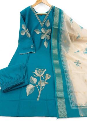 Premium Embroidered 3 Piece Kurti Set with Organza Dupatta | V-Neck HIFI219