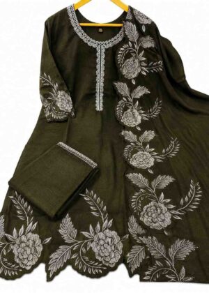 Premium Vichithra Silk 3 Piece Embroidered Kurti Set Dark Green-HIFI216