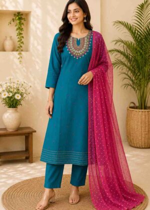 Premium Vichithra Silk 3 Piece Kurti Set with Stone Embroidery-HIFI163