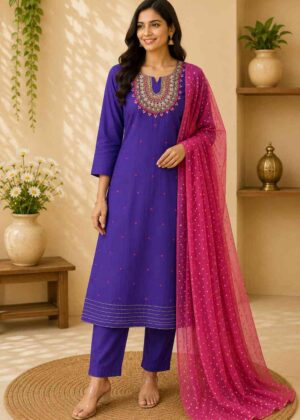 Premium Vichithra Silk 3 Piece Kurti Set with Stone Embroidery-HIFI164