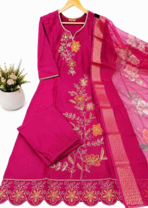 Premium Glass Two tone Embroidered 3 Piece Suit Set-HIFI165