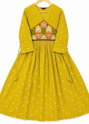Yellow Floral Embroidered Rayon Short Umbrella Kurti-HIFI309