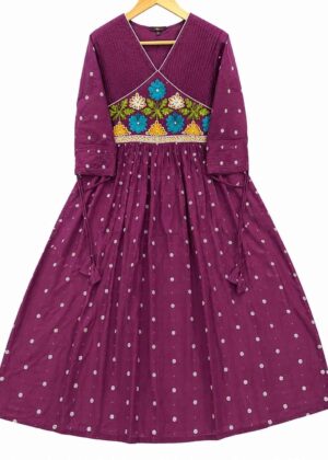 Wine Floral Embroidered Rayon Short Umbrella Kurti-HIFI311