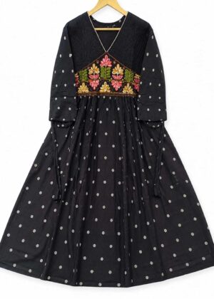 Black Floral Embroidered Rayon Short Umbrella Kurti-HIFI310