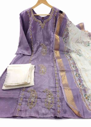 Premium Glass Silk Floral Embroidered 3-Piece Kurti Set – HIFI243