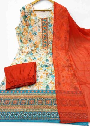 Elegant Floral Print 3 Piece Kurta Set with Dupatta - Orange-HIFI189