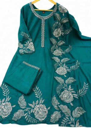 Premium Vichithra Silk 3 Piece Embroidered Kurti Set Rama Green-HIFI217
