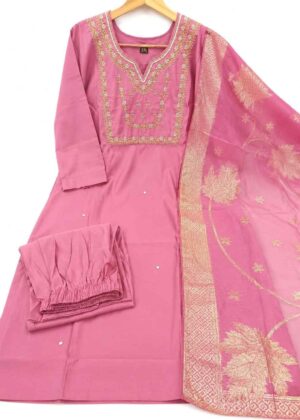 Trending Aari Work 3 Piece Kurti Set with Banarasi Dupatta | Round Neck-HIFI228