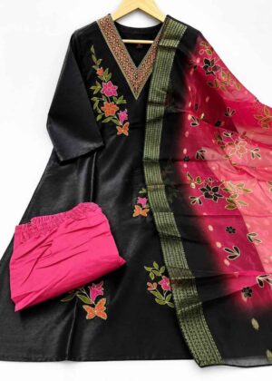 Women's Embroidered Glass Silk 3 Piece Set with Dupatta-HIFI357