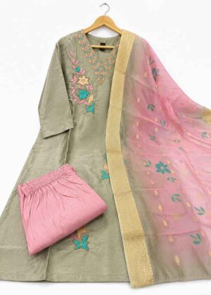 Women's Embroidered Glass Silk 3 Piece Set with Dupatta-HIFI356