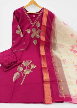 Premium Embroidered 3 Piece Kurti Set with Organza Dupatta | V-Neck -HIFI384