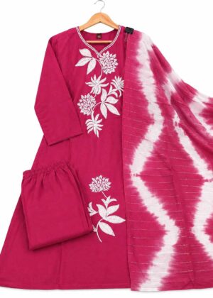 Roman Silk Floral Embroidery 3-Piece Kurti Set with Shawl-HIFI428