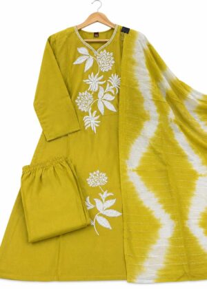 Roman Silk Floral Embroidery 3-Piece Kurti Set with Shawl-HIFI430