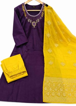 Women's Embroidered Glass Silk 3 Piece Set with Dupatta-HIFI443