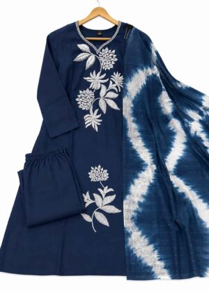 Roman Silk Floral Embroidery 3-Piece Kurti Set with Shawl-HIFI429