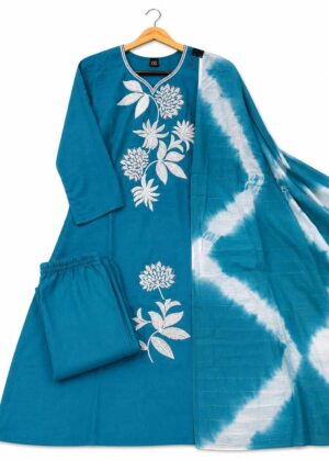 Roman Silk Floral Embroidery 3-Piece Kurti Set with Shawl-HIFI431